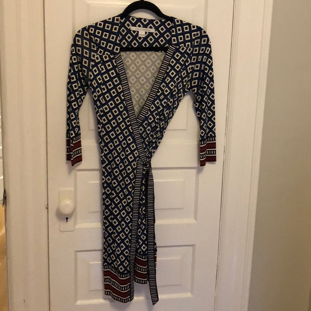 Diane Von Furstenberg Blue and White Geometric Wrap Dress